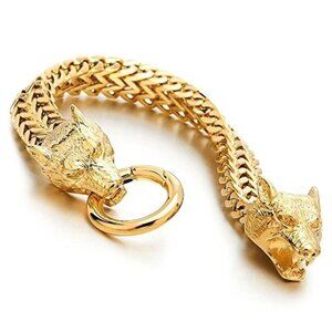 Gold Wolf Head Link Bracelet |Punk Bikers Men Stainless Steel